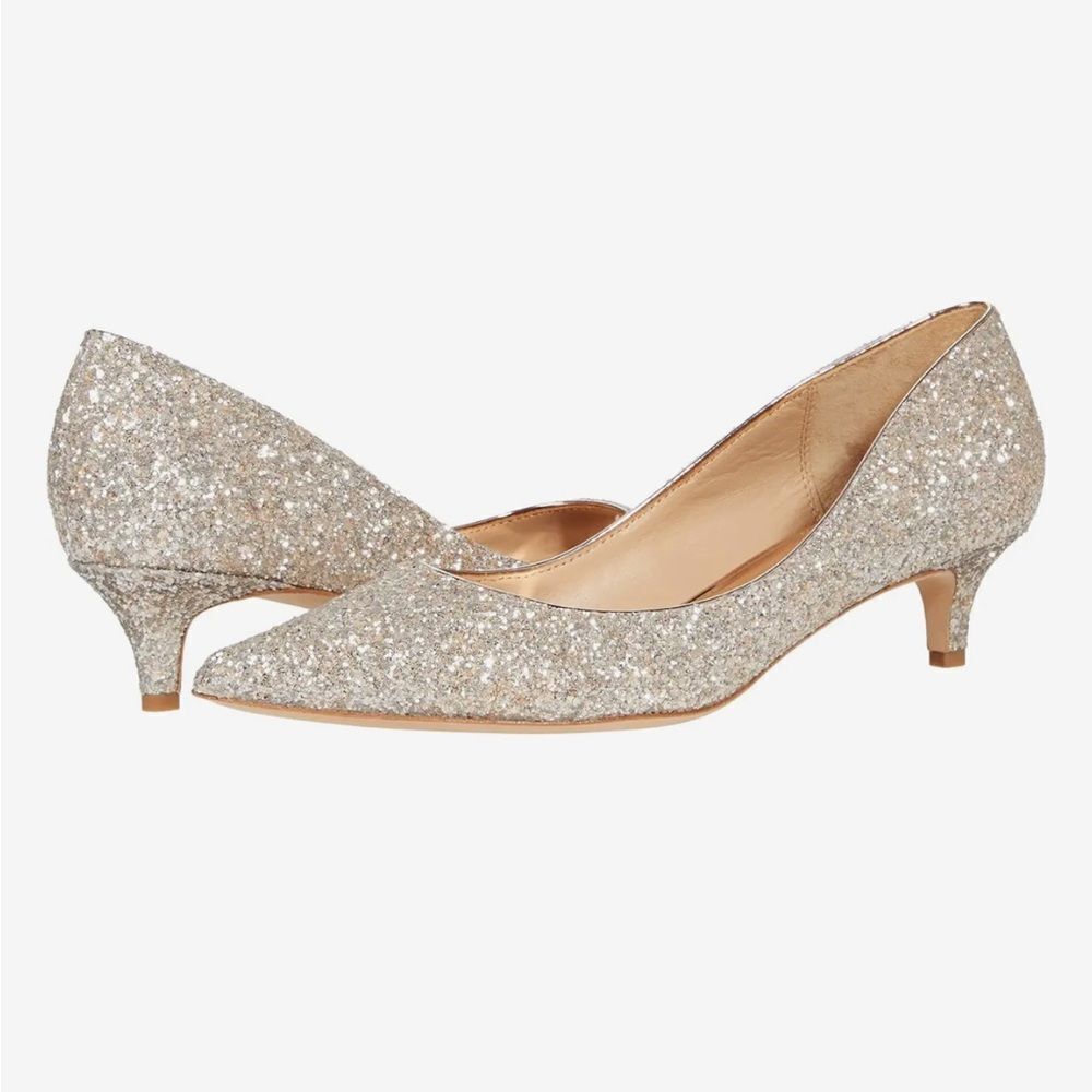 Jewel Badgley Mischka Royalty Gold Glitter Pointed Toe Kitten Heel 6.5 Nwt $245